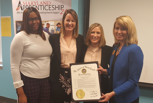 Left to right: Maryland's first hospitality registered apprentice, Wynter Sharps, AHLA Senior Vice President of Career Development Shelly Weir, Maryland Hotel and Lodging Association President and CEO Amy Rohrer, Maryland Labor Secretary Kelly Schulz.