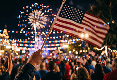 Hand holding American flag in crowd with fireworks display in the background