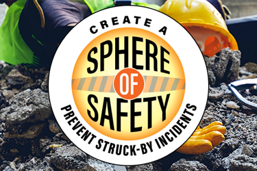 Sphere of Safety to prevent struck-by construction incidents logo on yellow caution tape background